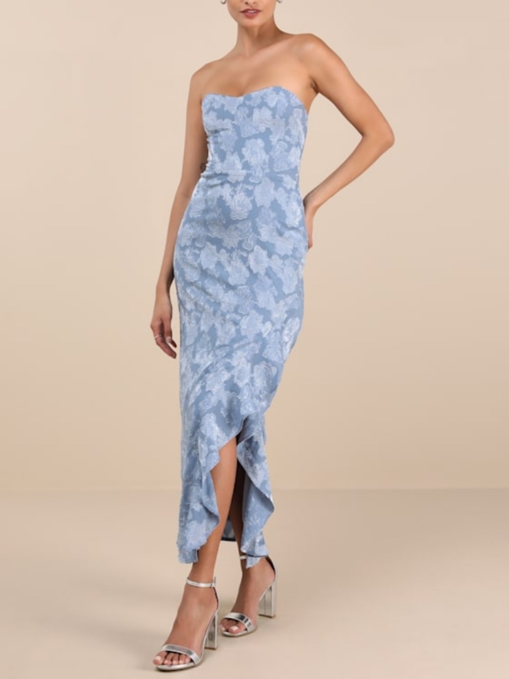 Lulus Mabriella Slate Blue Floral Burnout Ruffled Maxi Dress - Size L